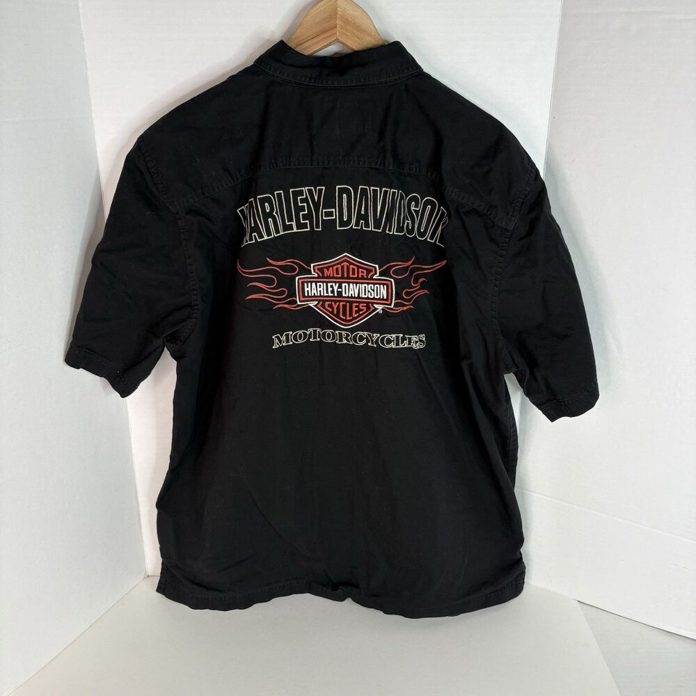 Harley Davidson Button Up T Shirt, XL, Black, Flames, Logo, Motorcycle, Biker